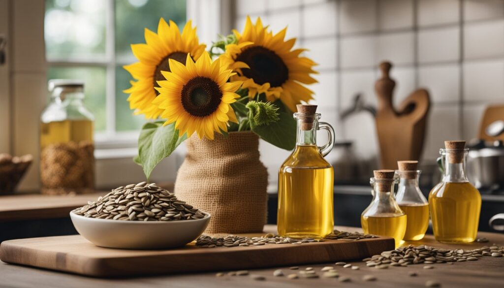 A kitchen setting with a bowl of sunflower seeds on a wooden table, a burlap sack with sunflowers, and bottles of sunflower oil.