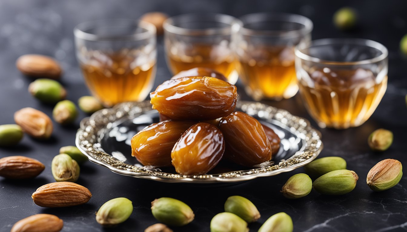 A selection of glossy, caramel-colored dates arranged on a decorative silver plate, accompanied by glasses of tea and scattered almonds and green pistachios on a dark surface.