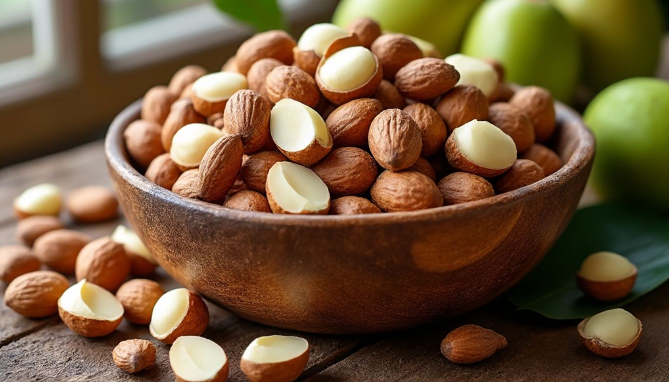 A bowl of whole and halved macadamia nuts on a wooden table, with green leaves and unripe macadamia fruits in the background.