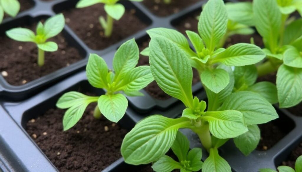 Young marigold plants with vibrant green leaves sprouting in a black seedling tray filled with soil.