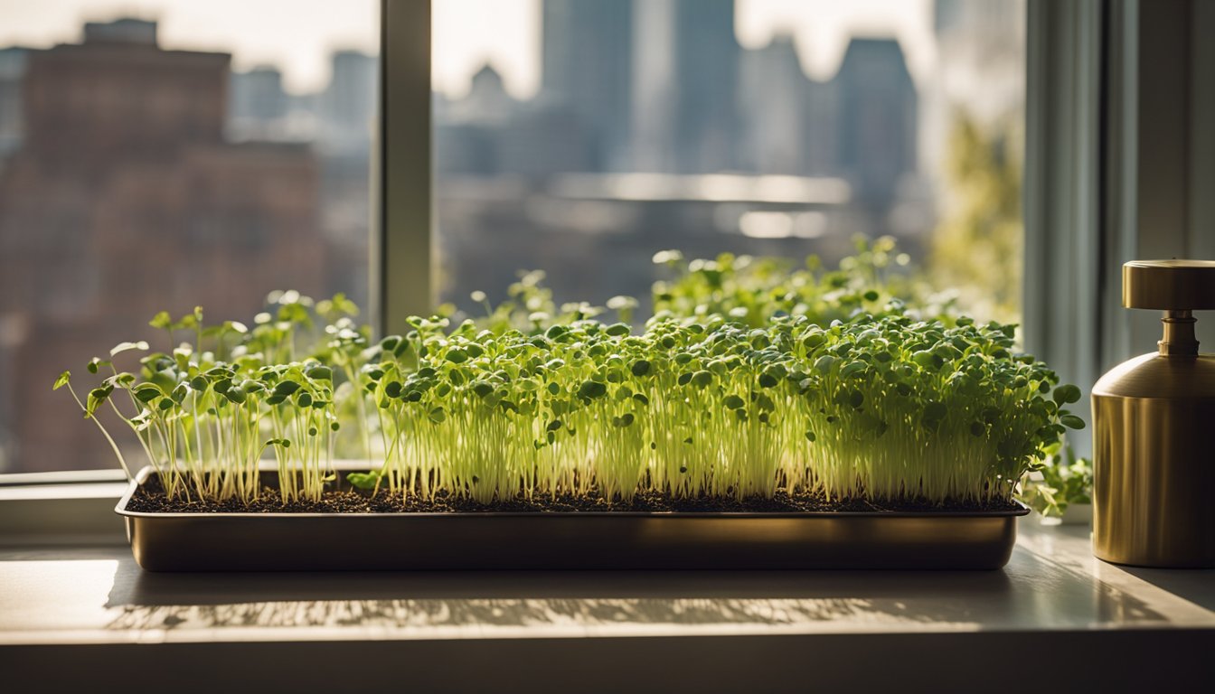 A tray of microgreens is placed on a windowsill, basking in the sunlight with a cityscape visible in the background.