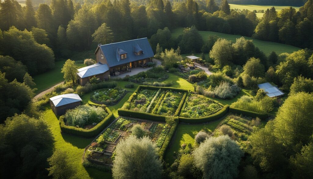 An aerial view of a permaculture garden with concentric zones of vegetation surrounding a central house.