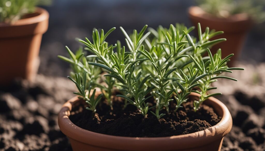 A close-up of rosemary seedlings growing in a terracotta pot filled with soil.