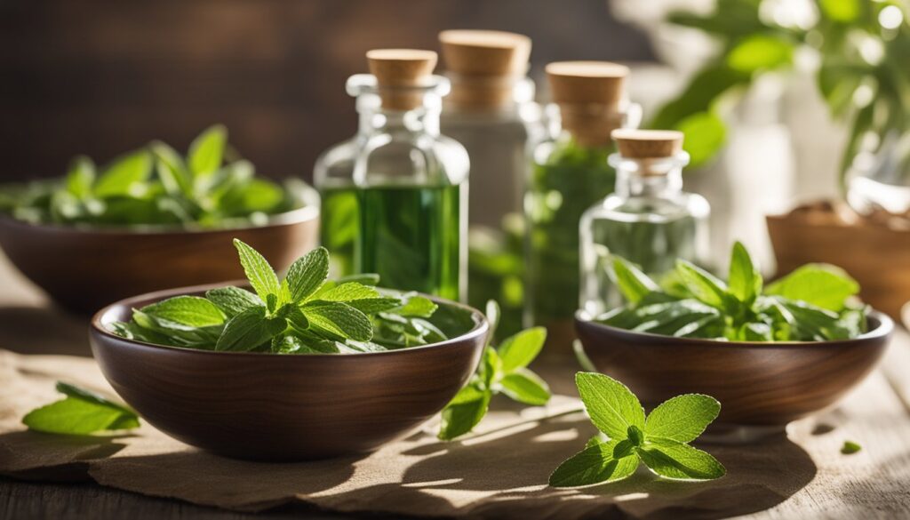 Fresh stevia leaves in wooden bowls with bottles of stevia extract in the background.