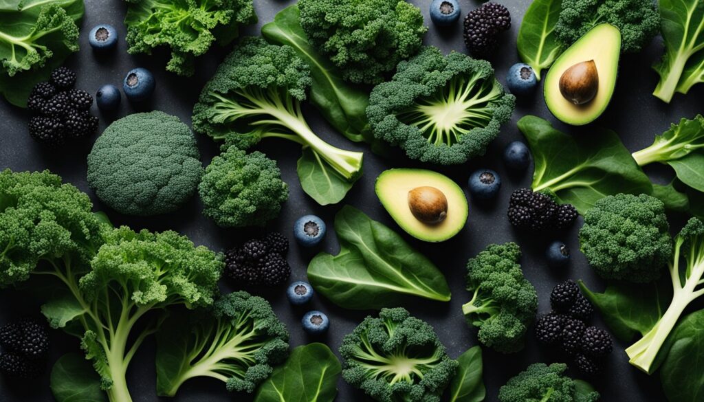 An assortment of superfoods including broccoli, avocado, spinach, blueberries, and blackberries arranged on a dark background.