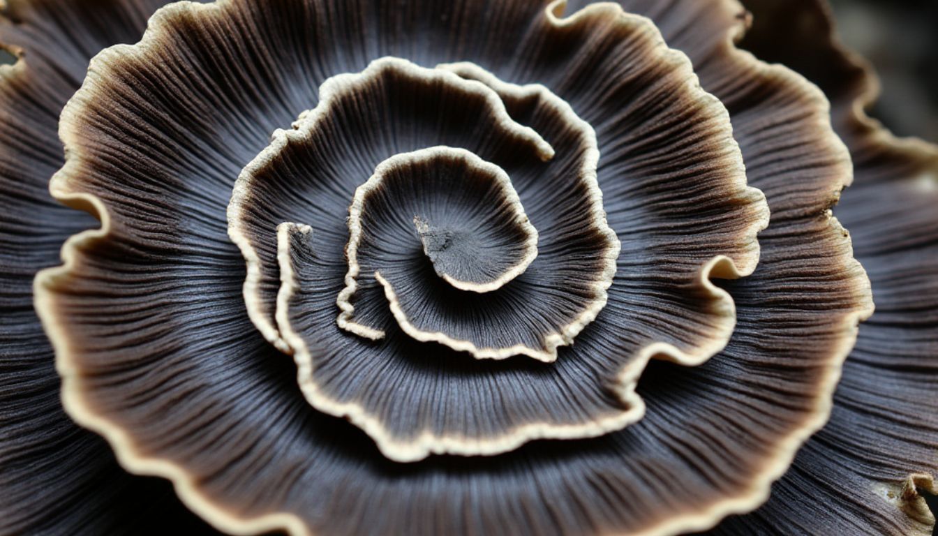 Close-up of a turkey tail mushroom showcasing its concentric rings of varying brown and tan shades with a velvety texture.