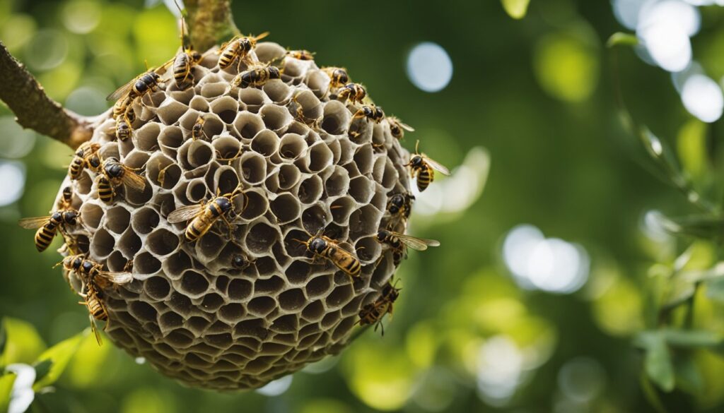 A close-up image of a wasp nest with multiple wasps on it, hanging from a tree branch.