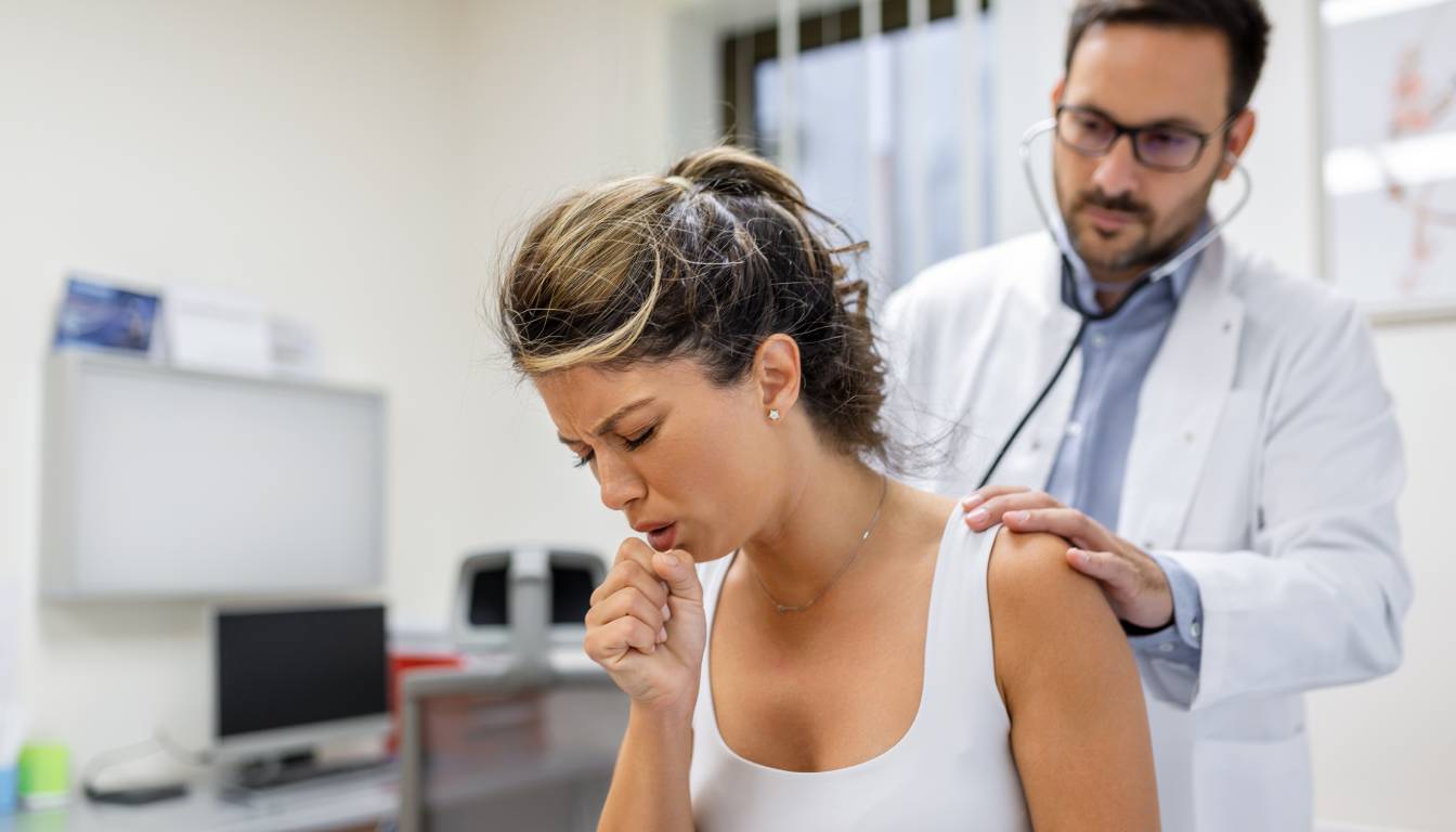 A doctor listens to a patient's back with a stethoscope in a medical office.