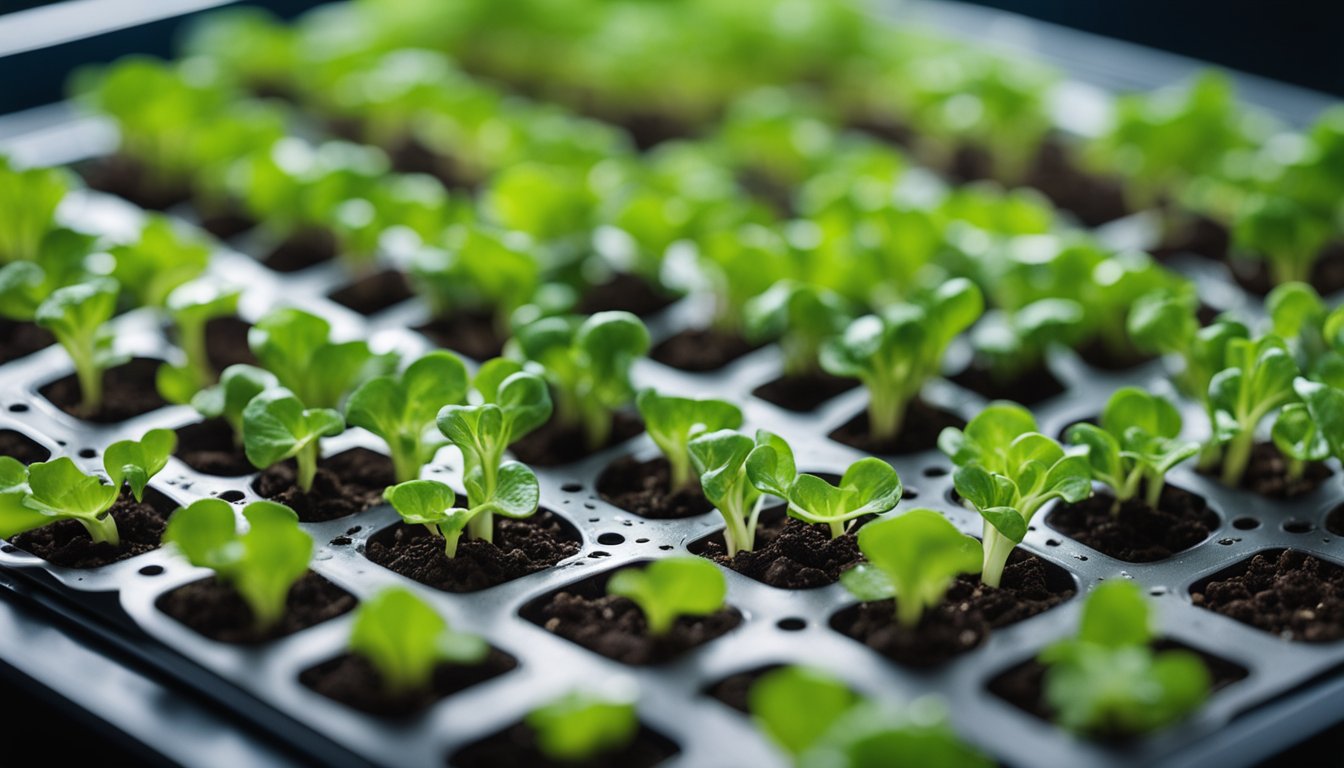 Seedlings growing in a black plastic seed tray, with vibrant green leaves emerging from the soil.