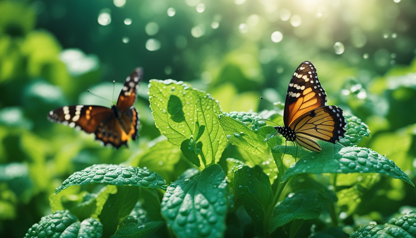 Two butterflies with orange and black wings rest on mint leaves covered in dewdrops, with sunlight filtering through the background.