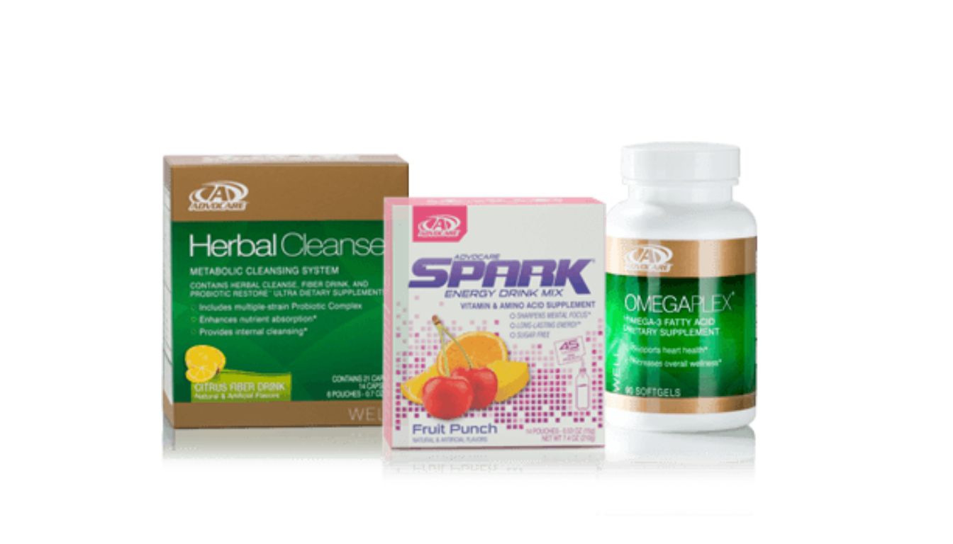 hree Advocare products: Herbal Cleanse, Spark Energy Drink Mix, and OmegaPlex.