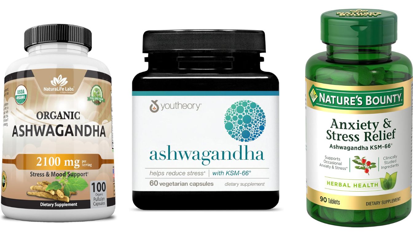 Three bottles of Ashwagandha supplements from different brands on a white background.