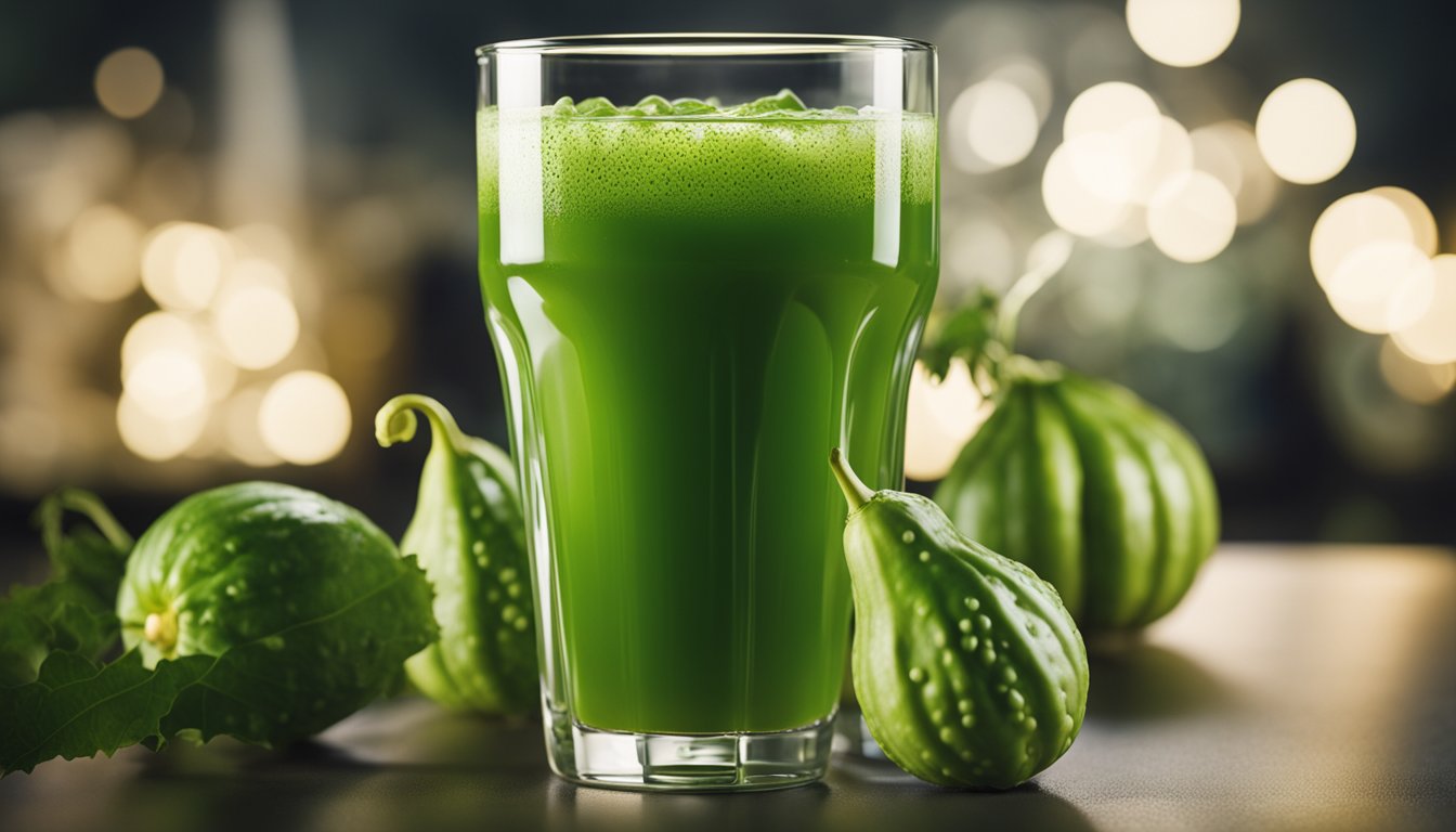 A glass of fresh green bitter gourd juice surrounded by whole bitter gourds on a table.