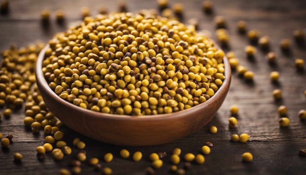 A wooden bowl filled with yellow mustard seeds, with some seeds scattered around on a wooden surface.