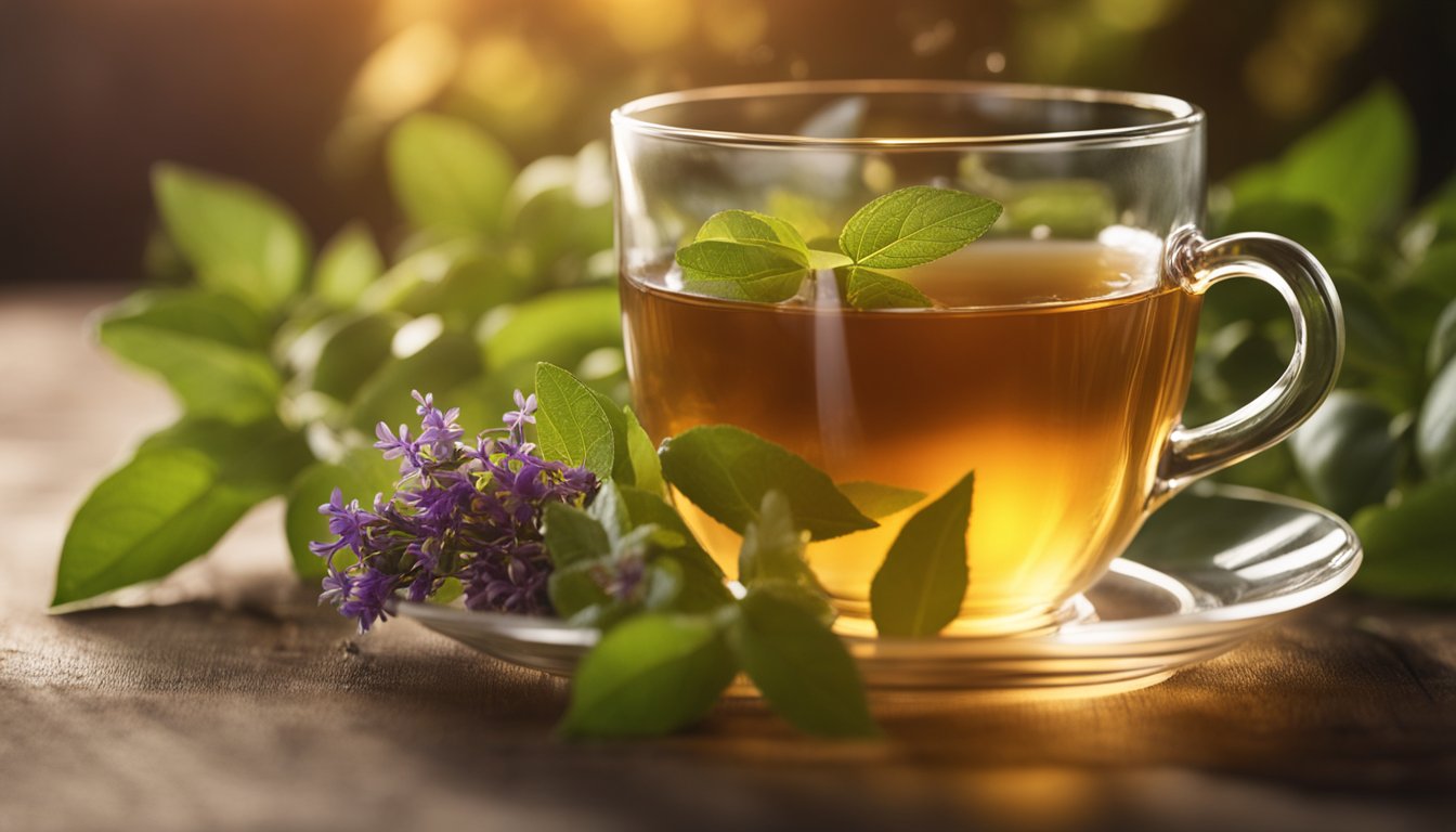 A clear glass cup filled with tulsi tea, garnished with fresh tulsi leaves, placed on a saucer. Surrounding the cup are green tulsi leaves and small purple flowers.