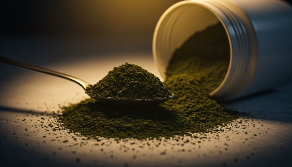 A spoonful of green wheatgrass powder spilling out from a white container onto a surface, illuminated by warm lighting.