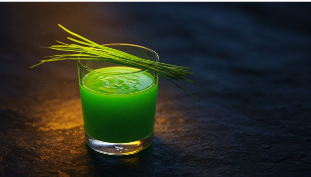 A glass of vibrant green wheatgrass juice with a bundle of fresh wheatgrass placed on top of the glass.