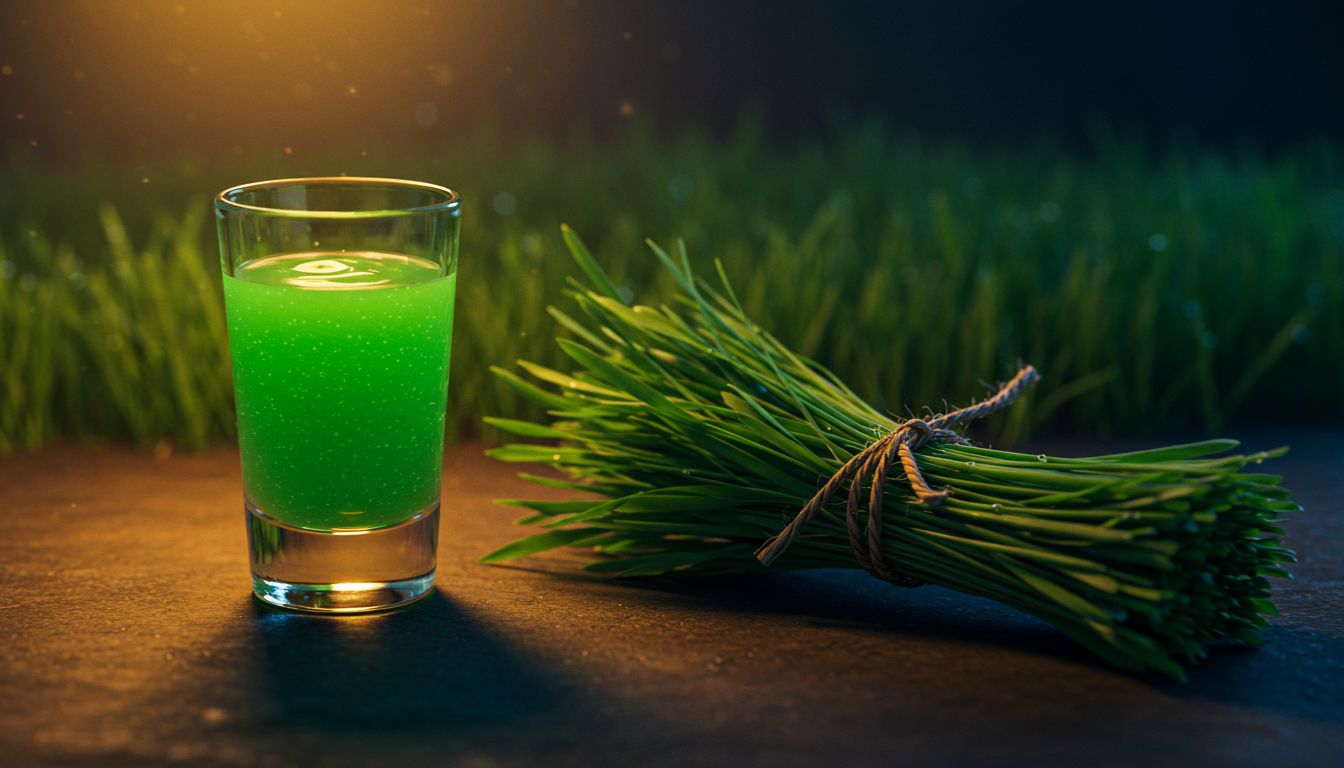 A close-up of a glass of fresh green wheatgrass juice next to a small bundle of vibrant green wheatgrass, tied with string, on a wooden surface.