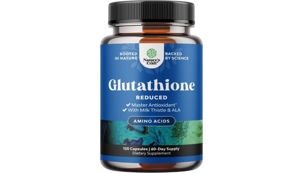 A bottle of Nature's Craft Glutathione Reduced dietary supplement, containing 120 capsules for a 60-day supply. The label highlights it as a master antioxidant with milk thistle and ALA.