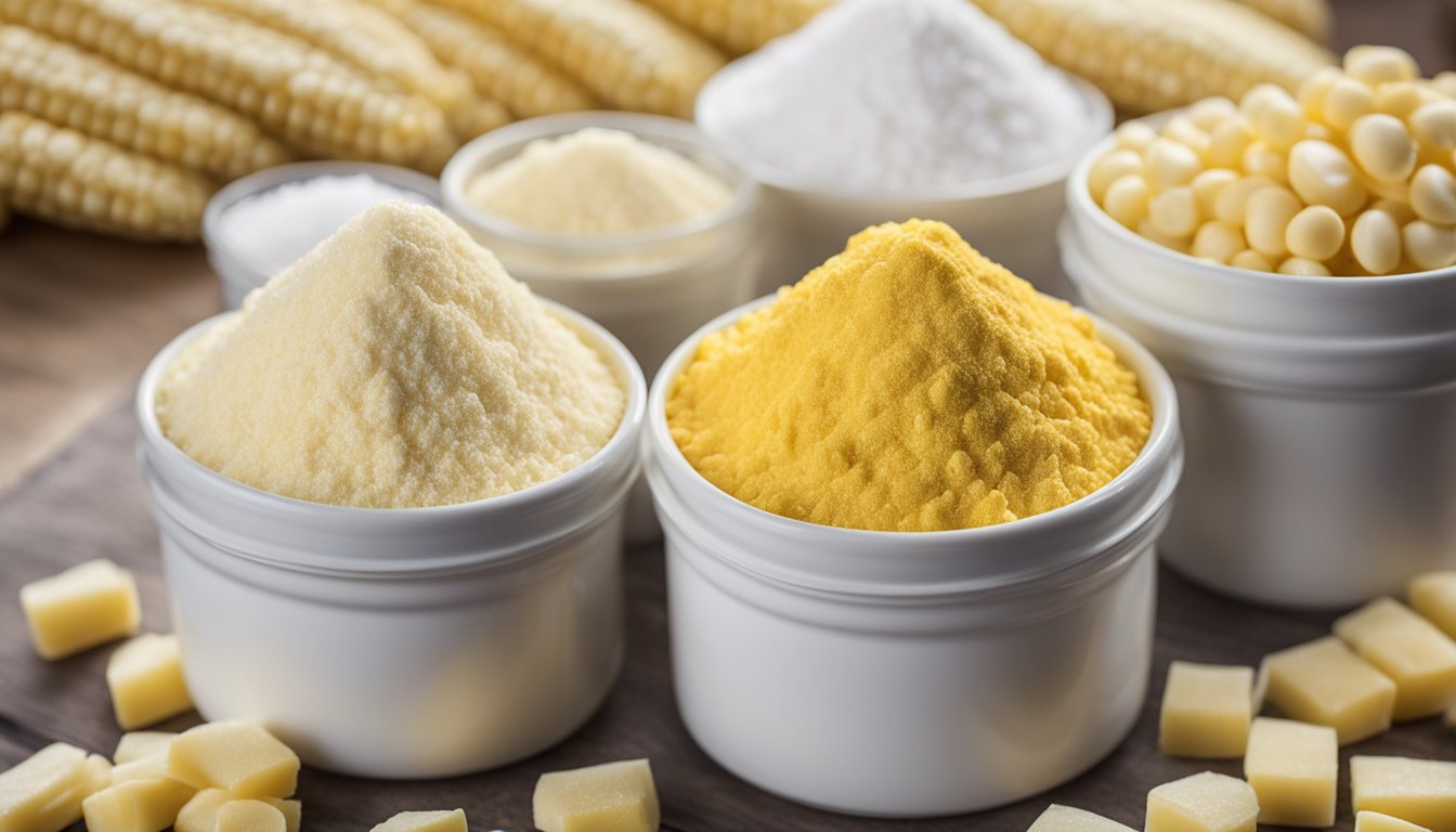 Various types of starch alternatives in white bowls, including cornmeal, cornstarch, and other powdered substances, with corn cobs in the background.