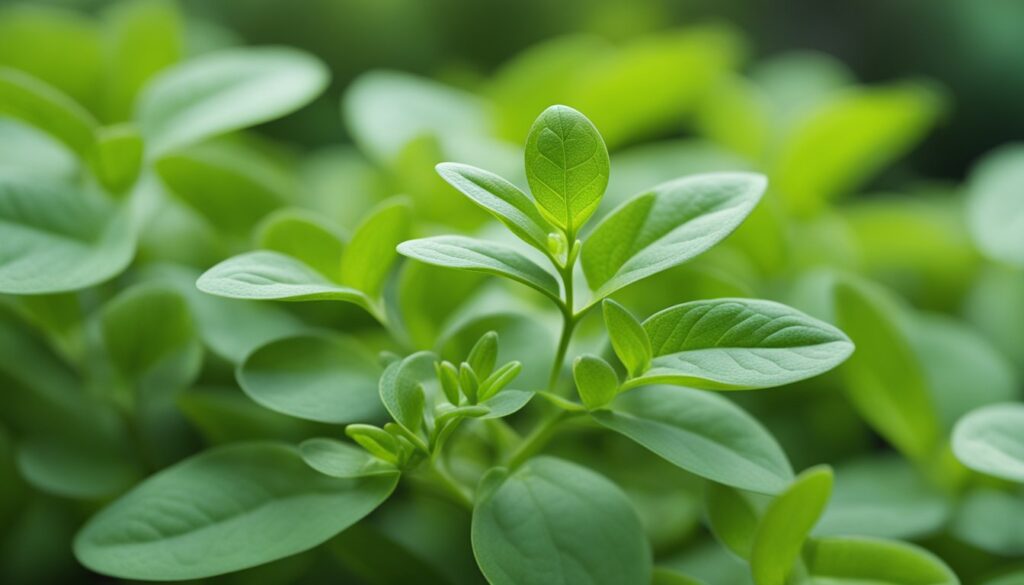 Close-up of vibrant green Callisia Repens leaves with a soft focus background.