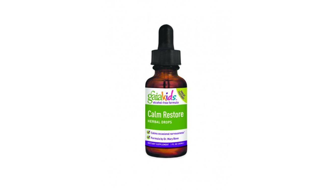 A bottle of GaiaKids Calm Restore Herbal Drops with a dropper cap, designed for children to help calm occasional nervousness.