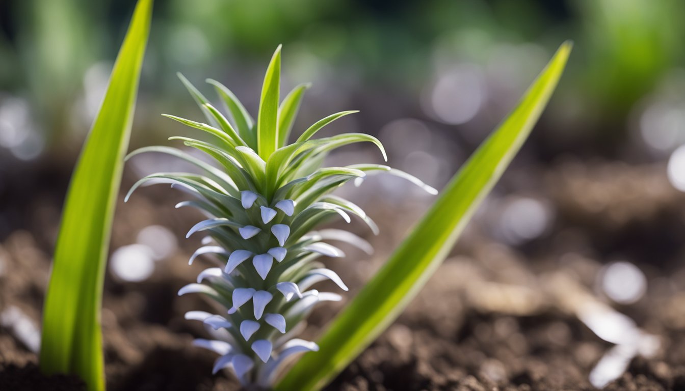 Close-up of a Ledebouria socialis plant with green leaves and white flowers growing in soil.