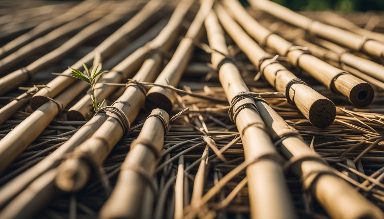 Close-up of bamboo sticks tied together with twine, forming a structure for a DIY pea trellis, with a small green plant sprouting among the sticks.