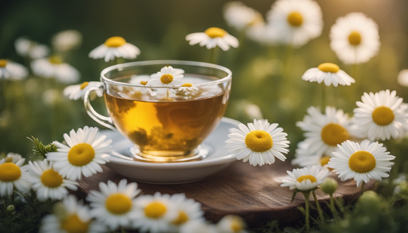 A glass cup of chamomile tea with a chamomile flower floating on top, surrounded by blooming chamomile flowers.