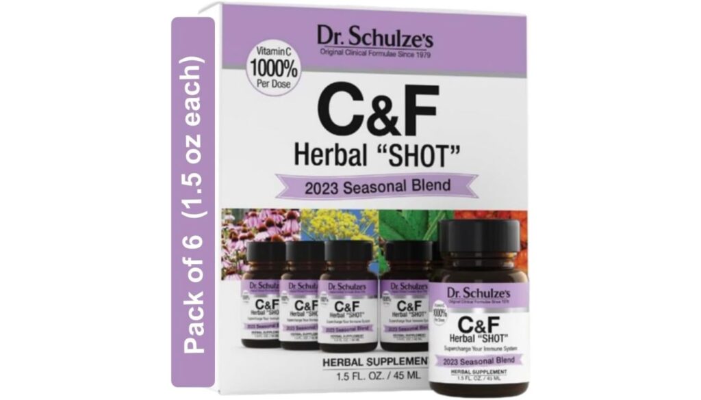 A box of Dr. Schulze's C&F Herbal "SHOT" 2023 Seasonal Blend, containing six 1.5 fluid ounce bottles of herbal supplement.