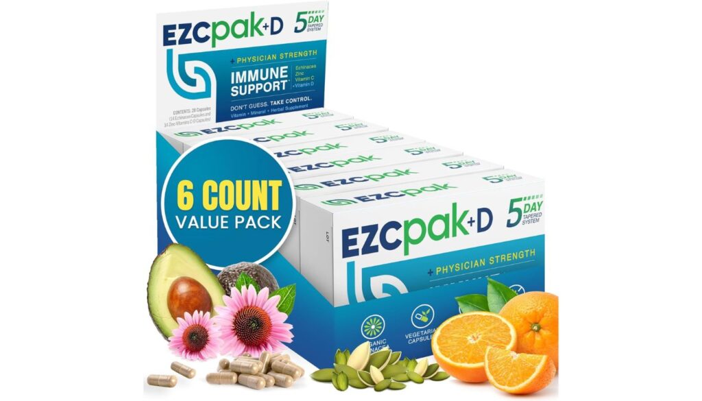 A 6-count value pack of EZCpak+D, a 5-day tapered system for immune support, featuring images of avocado, echinacea flowers, and oranges.