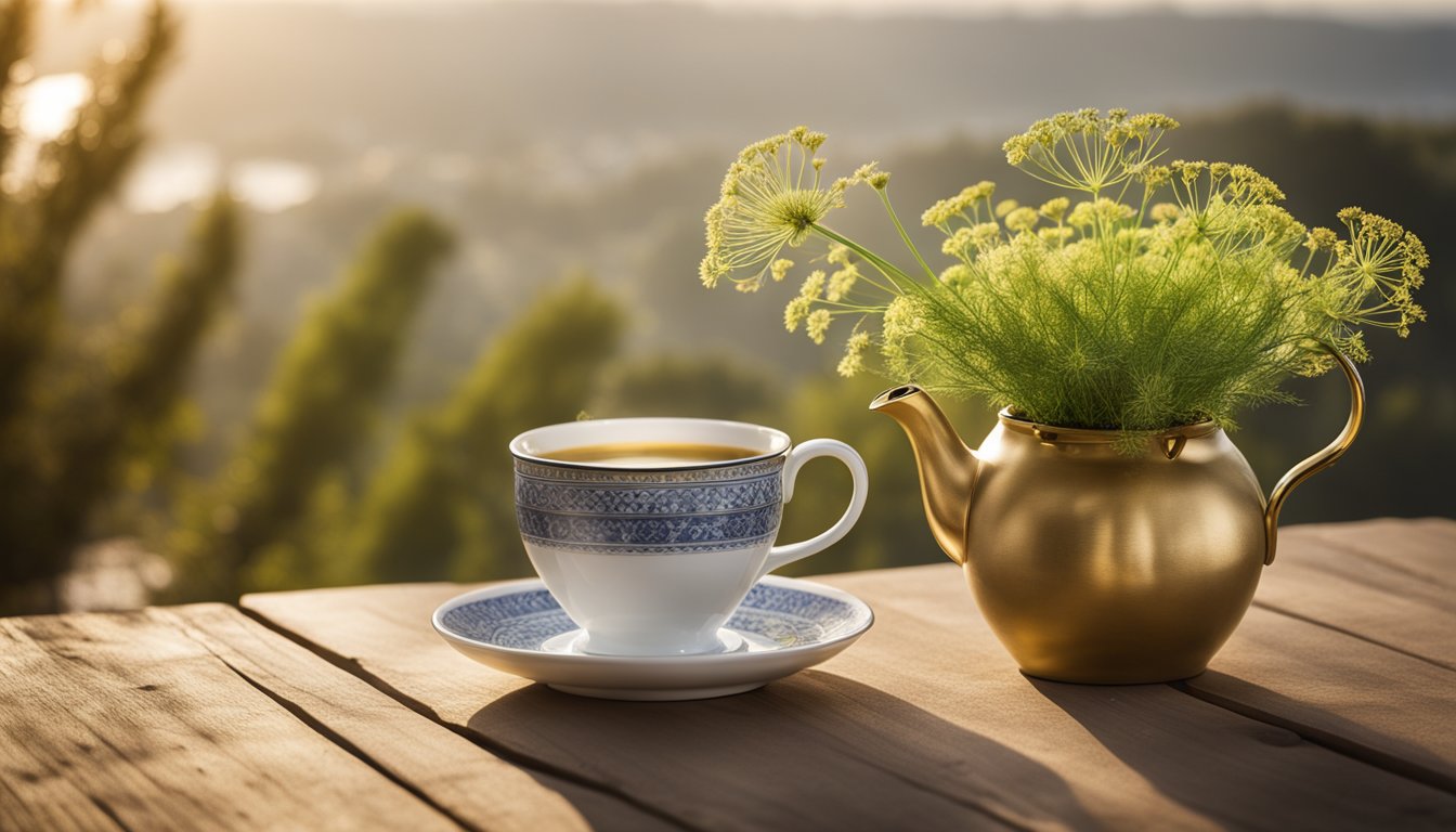 A cup of fennel tea on a wooden table with fennel seeds and a sprig of fresh fennel next to it.