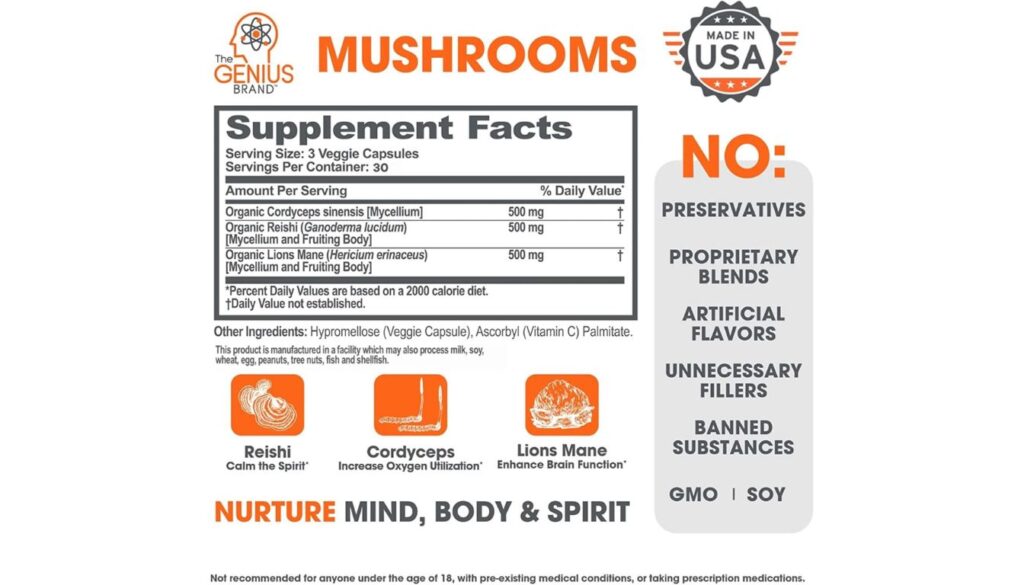 A label for Genius Brand Mushroom Supplement showing supplement facts, ingredients, and benefits.