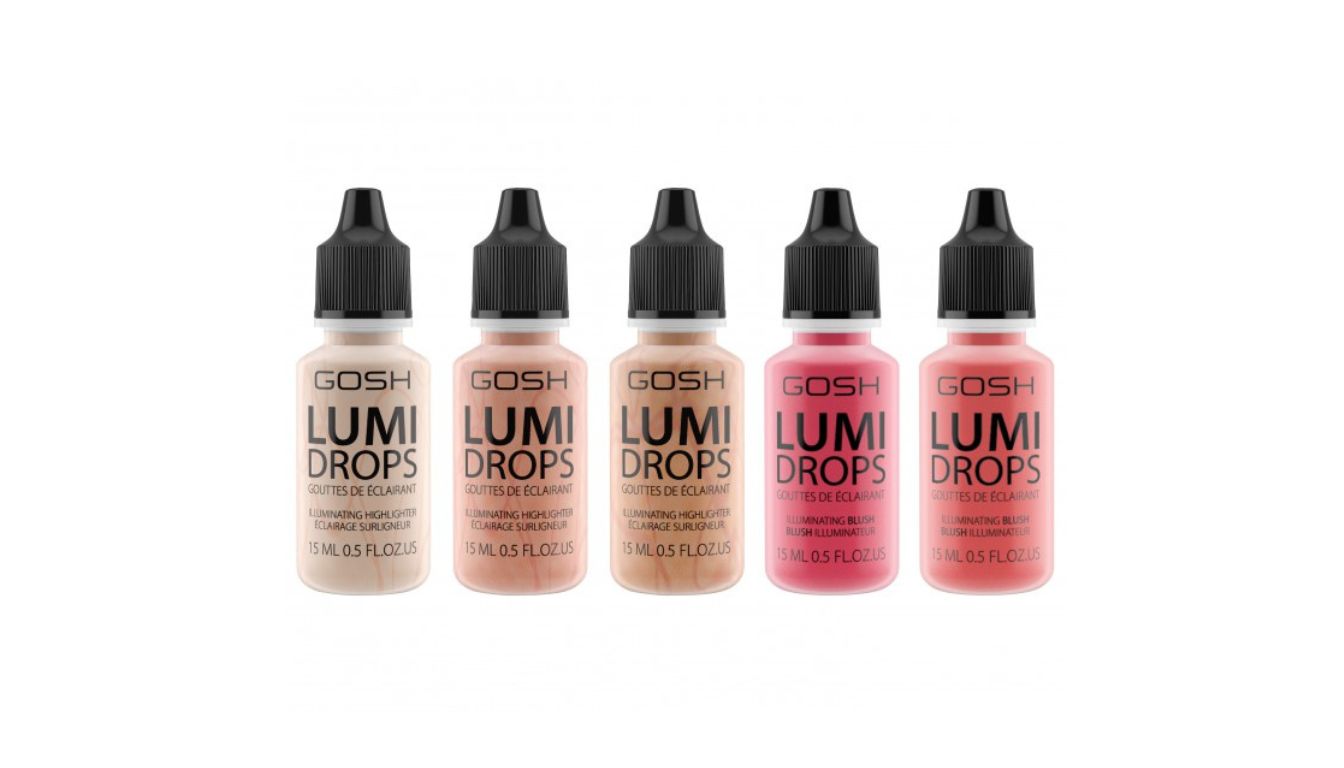 Five bottles of GOSH Lumi Drops liquid highlighter in various shades, arranged in a row.