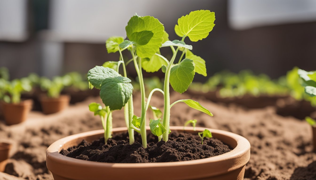 Young cucumber plants growing in a terracotta pot with rich soil, surrounded by other potted plants in a garden.