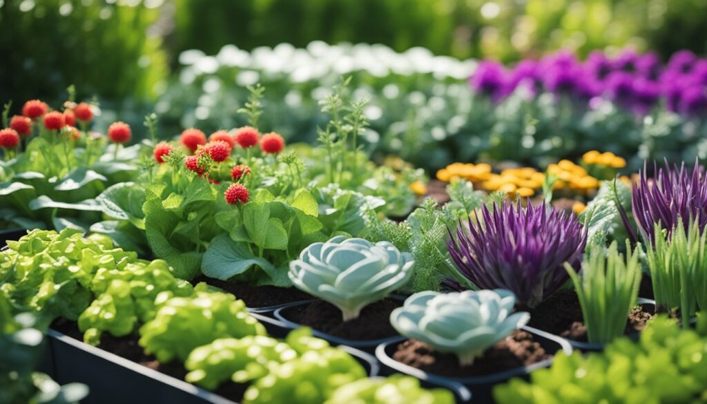 A vibrant garden bed filled with various perennial vegetables and flowers, including red and yellow blooms, green leafy plants, and purple spiky foliage.