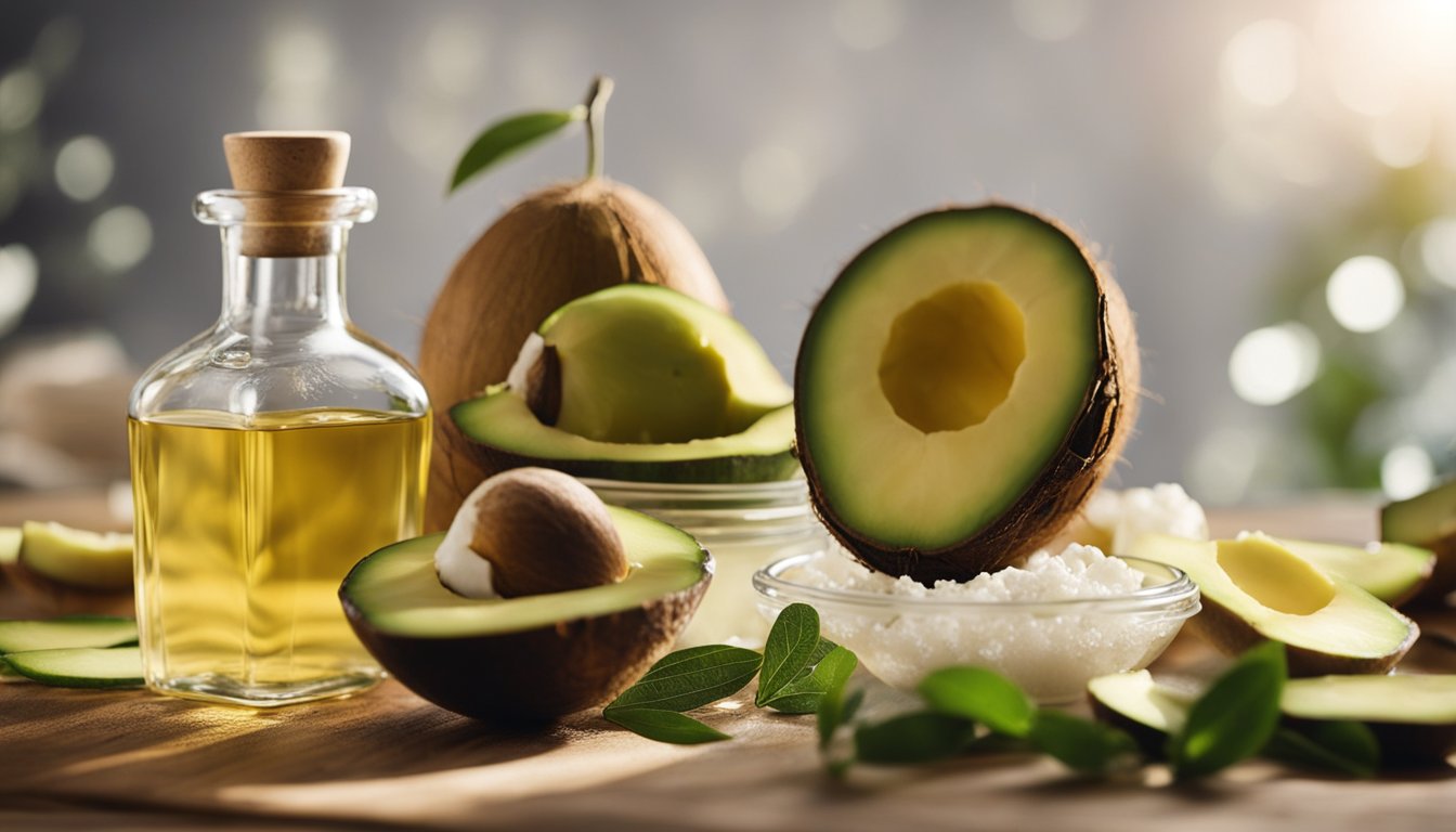 A bottle of avocado oil, halved avocados, and a bowl of cottage cheese on a wooden surface with green leaves around.