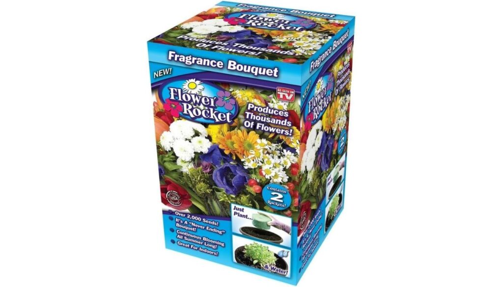 A colorful box of Flower Rocket Fragrance Bouquet, promising to produce thousands of flowers. The box features vibrant images of various flowers and highlights that it contains two rockets.