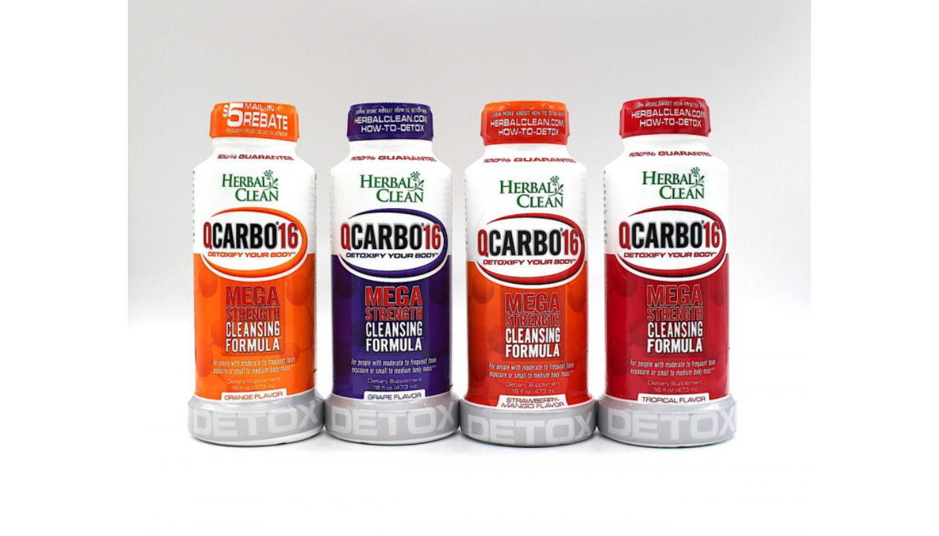 Four bottles of Herbal Clean QCarbo16 detox drinks in different flavors, lined up side by side.