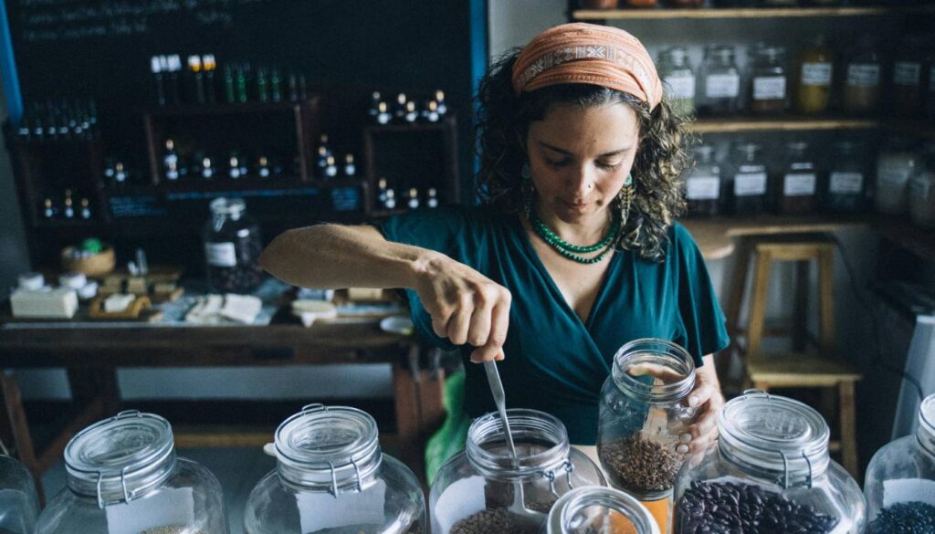 A person in a teal shirt and orange headband is scooping herbs from a glass jar in a shop filled with various jars of herbs and natural products.