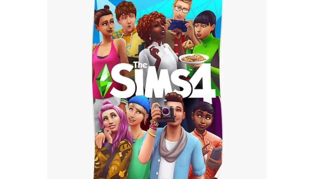 The Sims 4 logo with various characters from the game in the background.