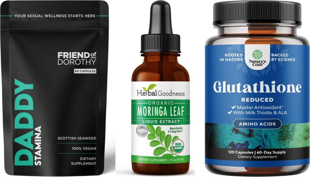 Three herbal supplement products: Friend of Dorothy Daddy Stamina, Herbal Goodness Organic Moringa Leaf Liquid Extract, and Nature's Craft Glutathione Reduced.