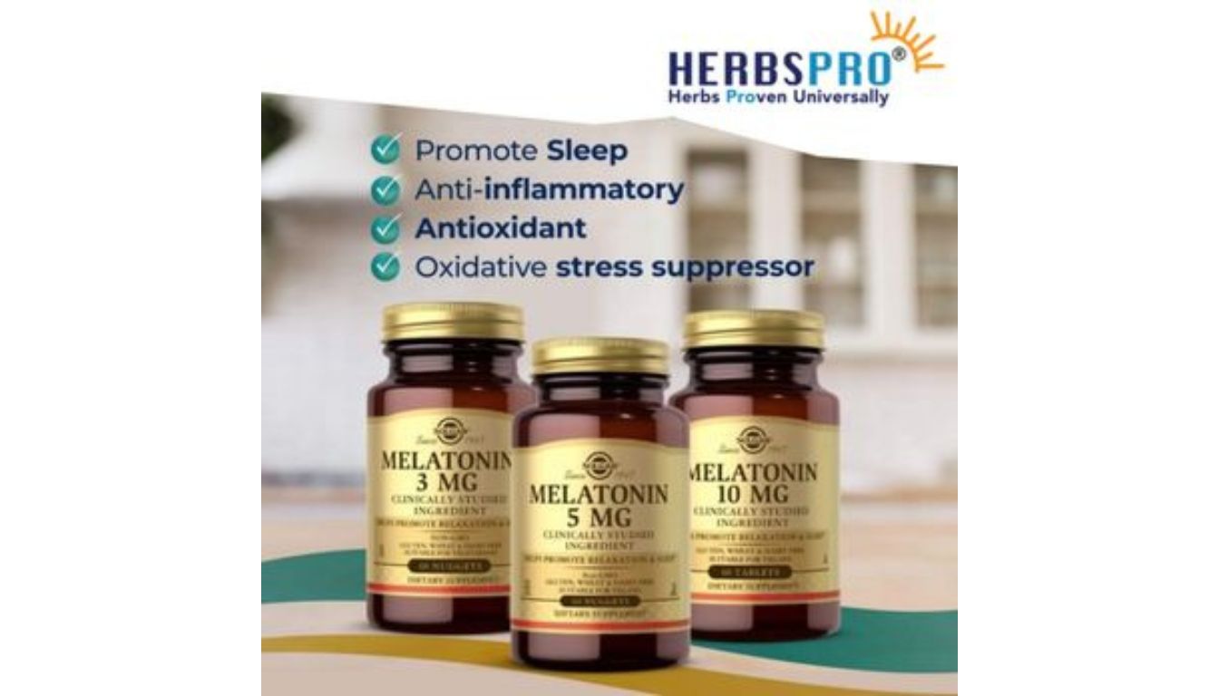 Three bottles of melatonin supplements from HerbsPro, with text highlighting benefits such as promoting sleep, anti-inflammatory properties, antioxidant effects, and oxidative stress suppression.