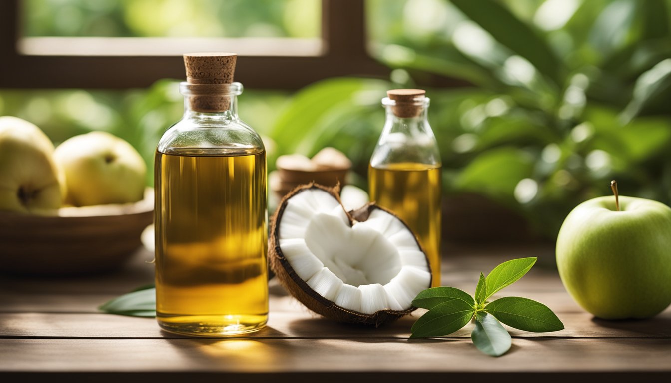 Bottles of oil, a halved coconut, and green apples on a wooden table with green leaves in the background.