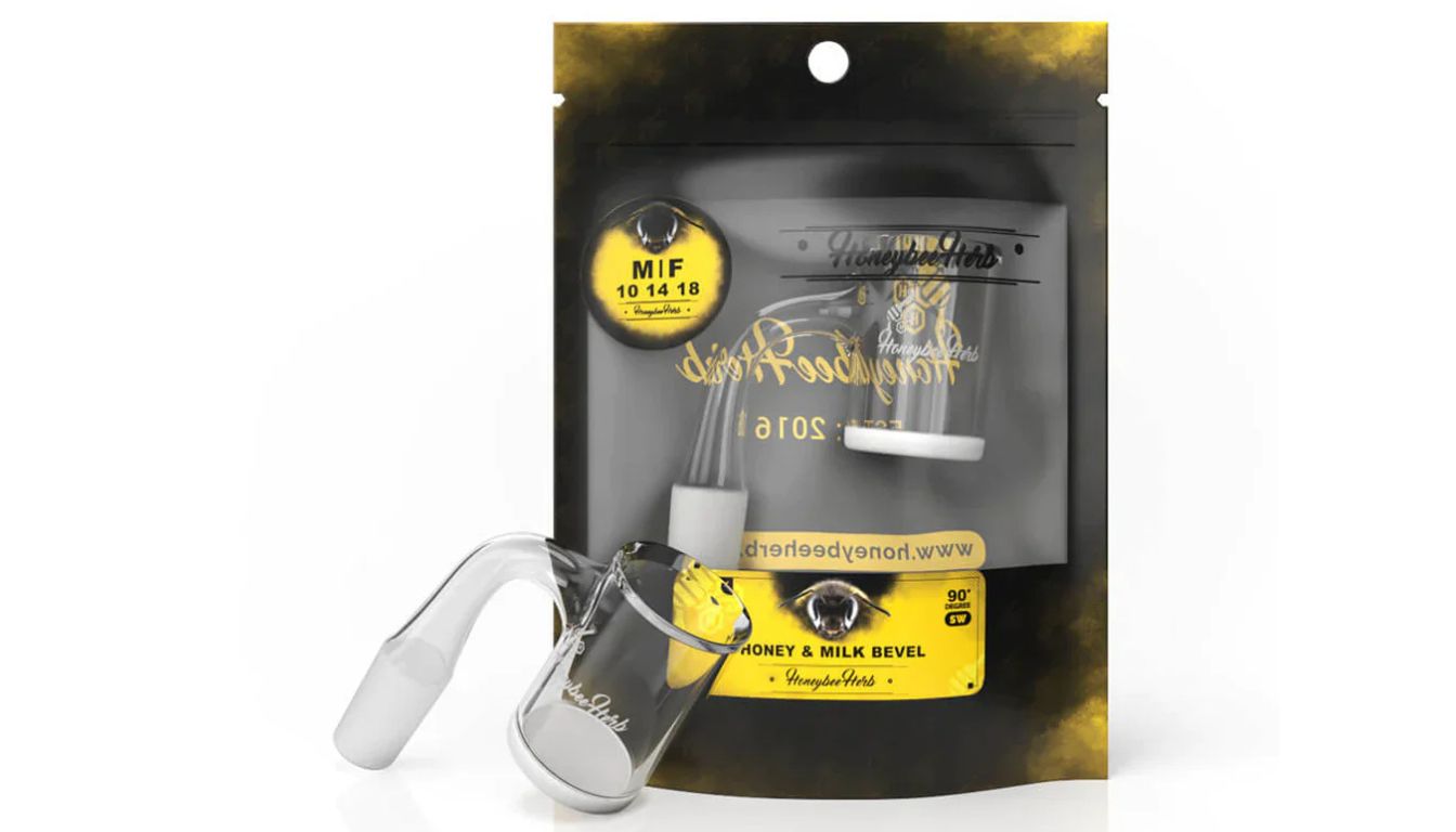 A Honeybee Herb banger displayed in front of its packaging. The packaging is black with yellow accents and features the Honeybee Herb logo and product details.