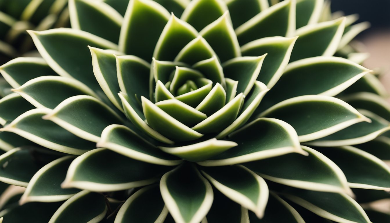 Close-up of a Haworthia Attenuata succulent plant with green leaves edged in white, arranged in a rosette pattern.