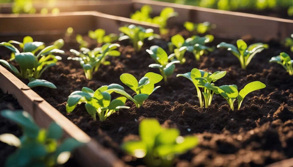 Young lettuce plants growing in a raised garden bed with rich, dark soil, bathed in warm sunlight.