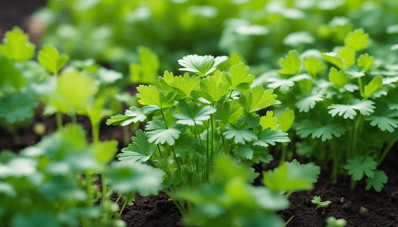 Close-up of cilantro plants growing in a garden bed with vibrant green leaves.