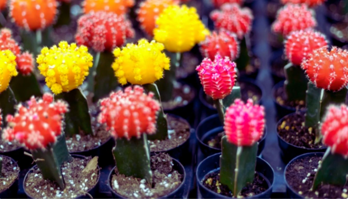 A collection of colorful moon cactus plants in small black pots, featuring bright yellow, pink, and red tops.