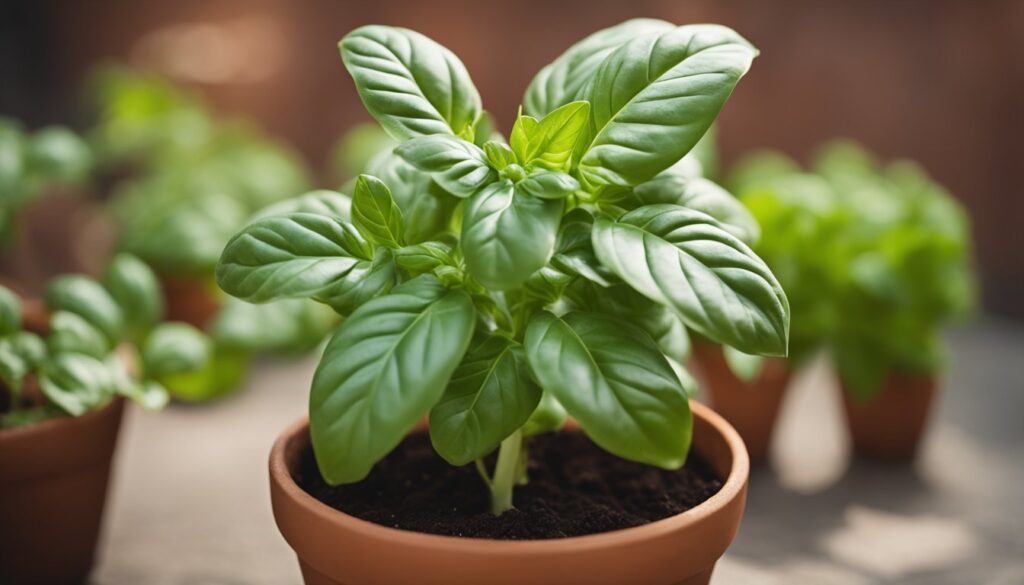 A healthy basil plant with vibrant green leaves growing in a terracotta pot.